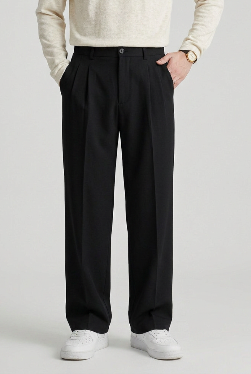 Men's high waist straight leg trousers in classic tailored fit, perfect for smart casual or office wear.