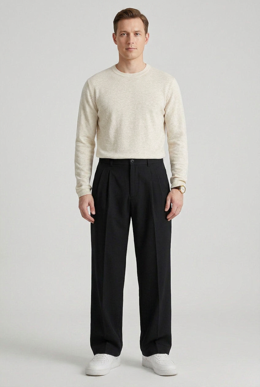 Stylish men's high waist straight leg trousers with pleated front, versatile for workwear or formal occasions.