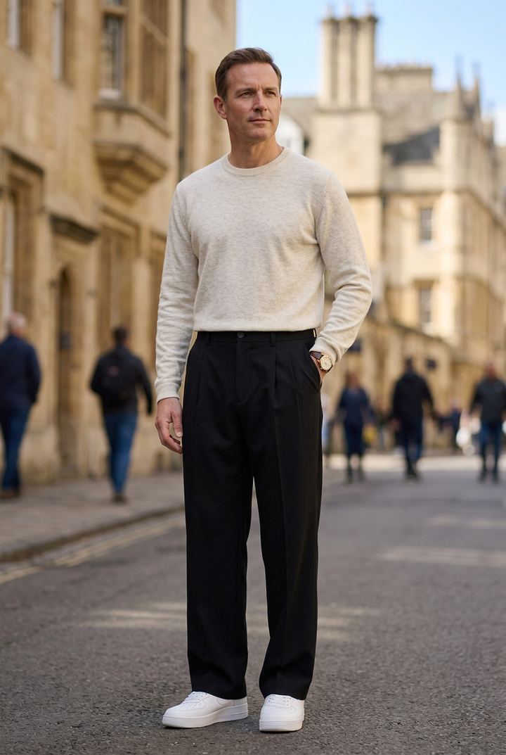 Classic men's high waist straight leg trousers, a versatile staple for office wear and sophisticated mens fashion.