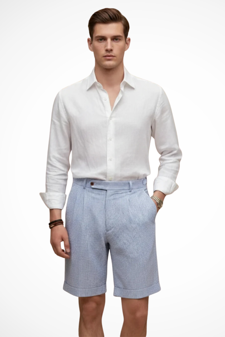 Men's high waist striped chino shorts with a stylish pleated hem. Perfect for summer casual wear.
