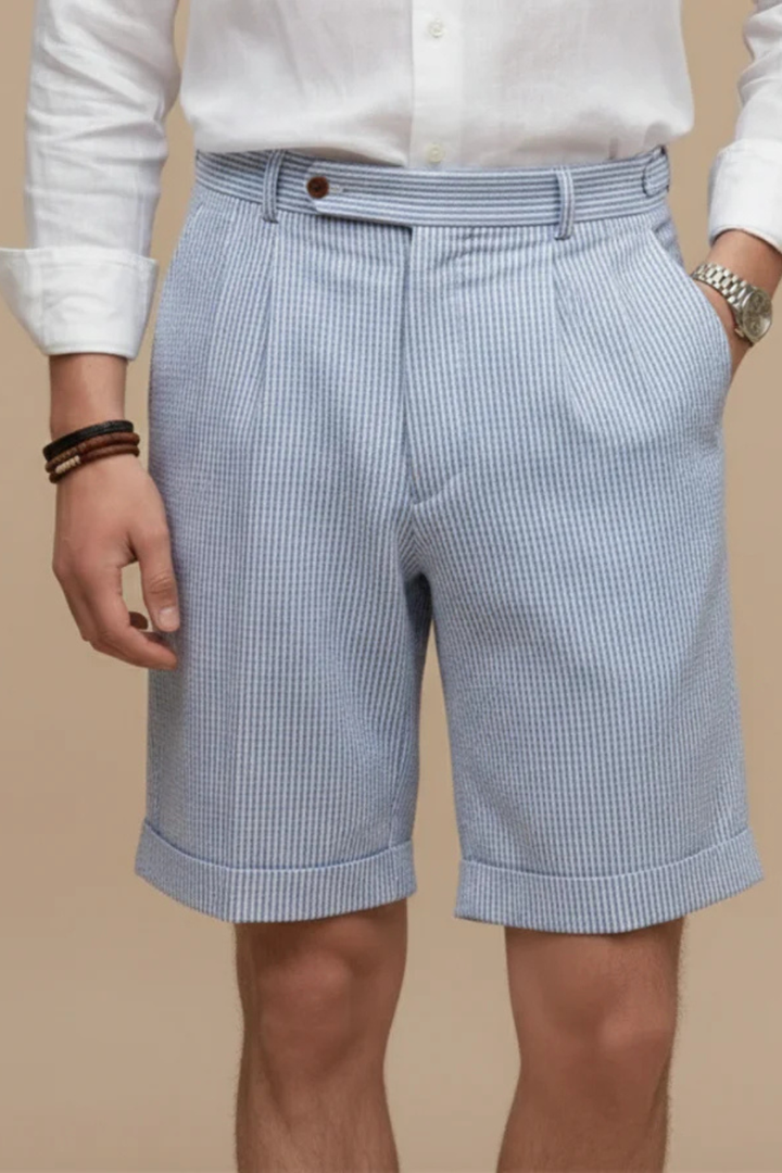 Casual men's high waist striped chino shorts with a comfortable fit and a distinctive pleated hem.