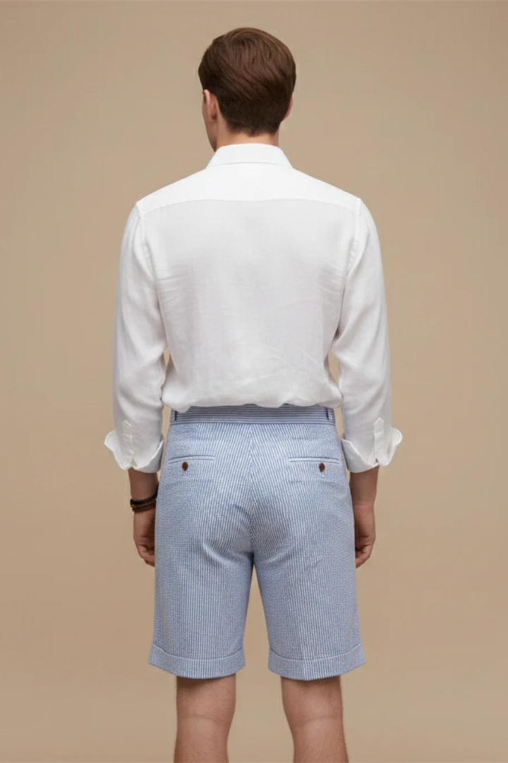 Striped high waist men's chino shorts with a classic pleated hem design for a sharp summer look.