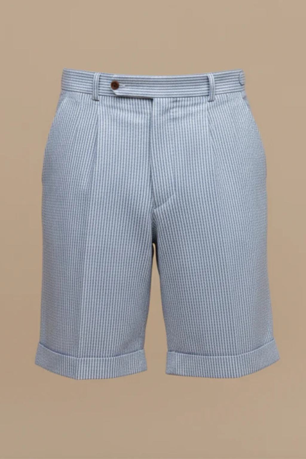 Stylish men's high waist striped chino shorts, featuring a contemporary pleated hem. Great for summer outings.
