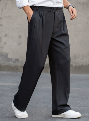 Men's high-waisted wide-leg pleated dress pants in black. Ideal for smart casual or business casual outfits.
