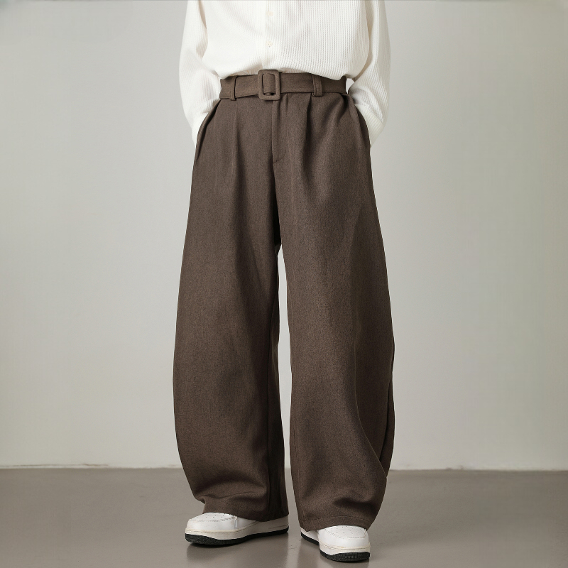 Men's high-waisted wide leg trousers with a pleated waist & adjustable belt, perfect for smart casual style.