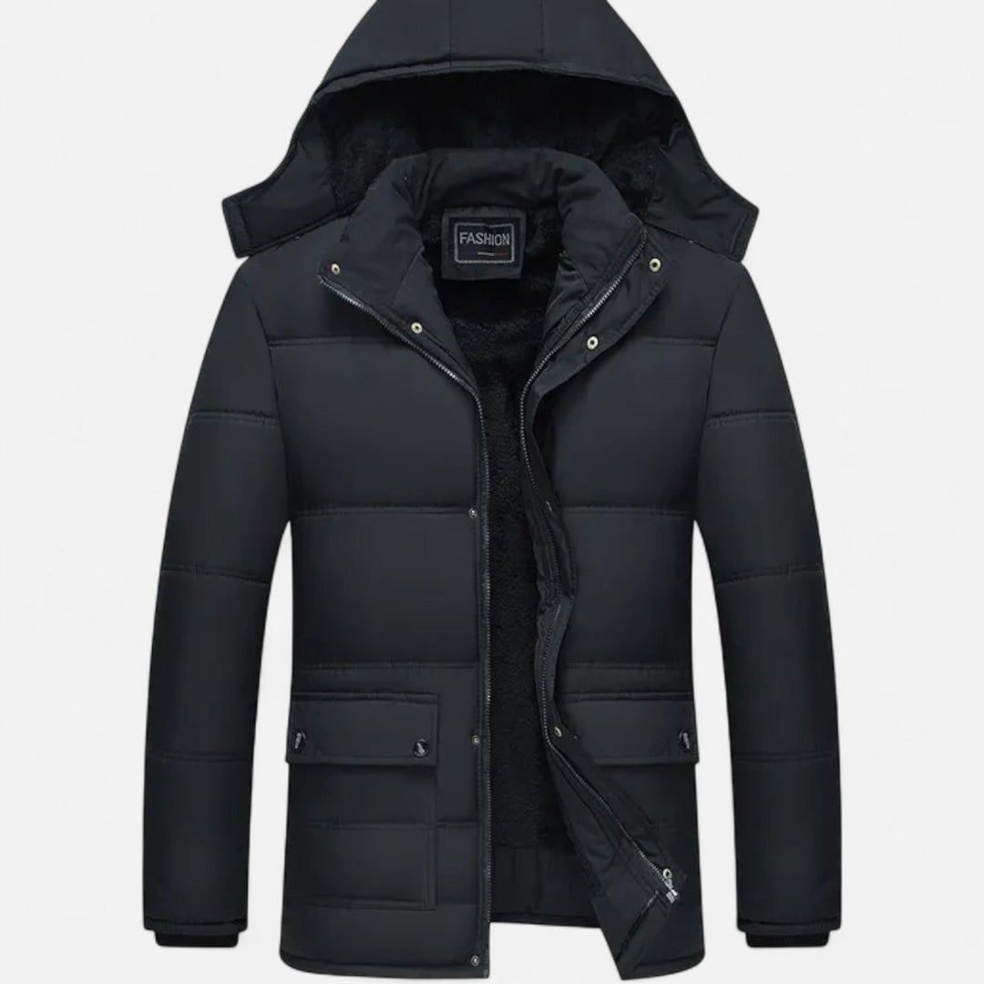 Men's hooded insulated winter jacket with luxurious fur lining, perfect for staying warm and stylish.
