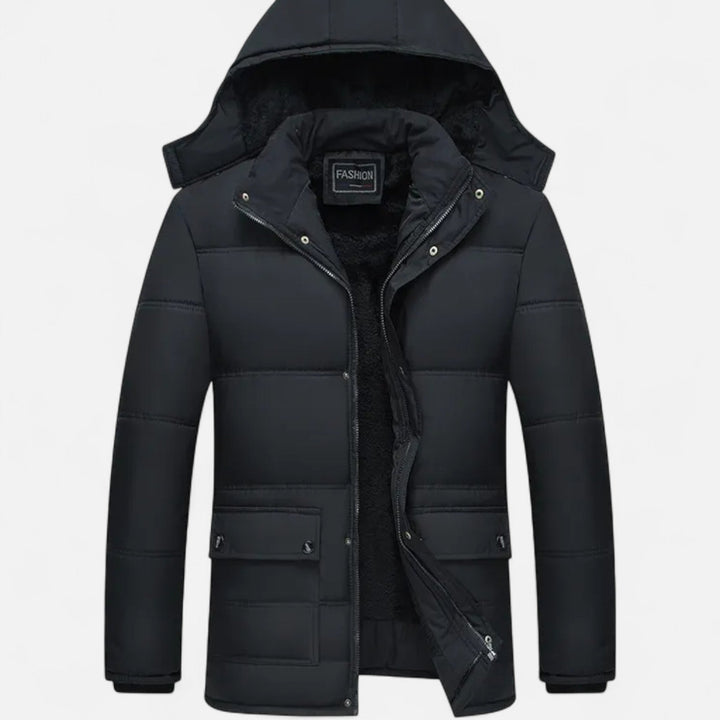 Men's hooded insulated winter jacket with luxurious fur lining, perfect for staying warm and stylish.