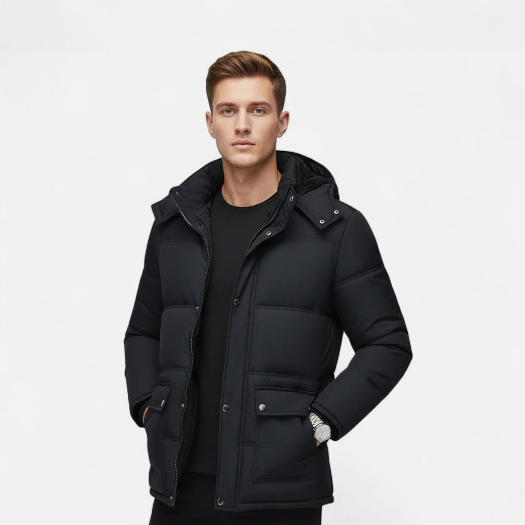 Close-up of the plush fur lining inside a men's warm hooded jacket, showcasing premium comfort.