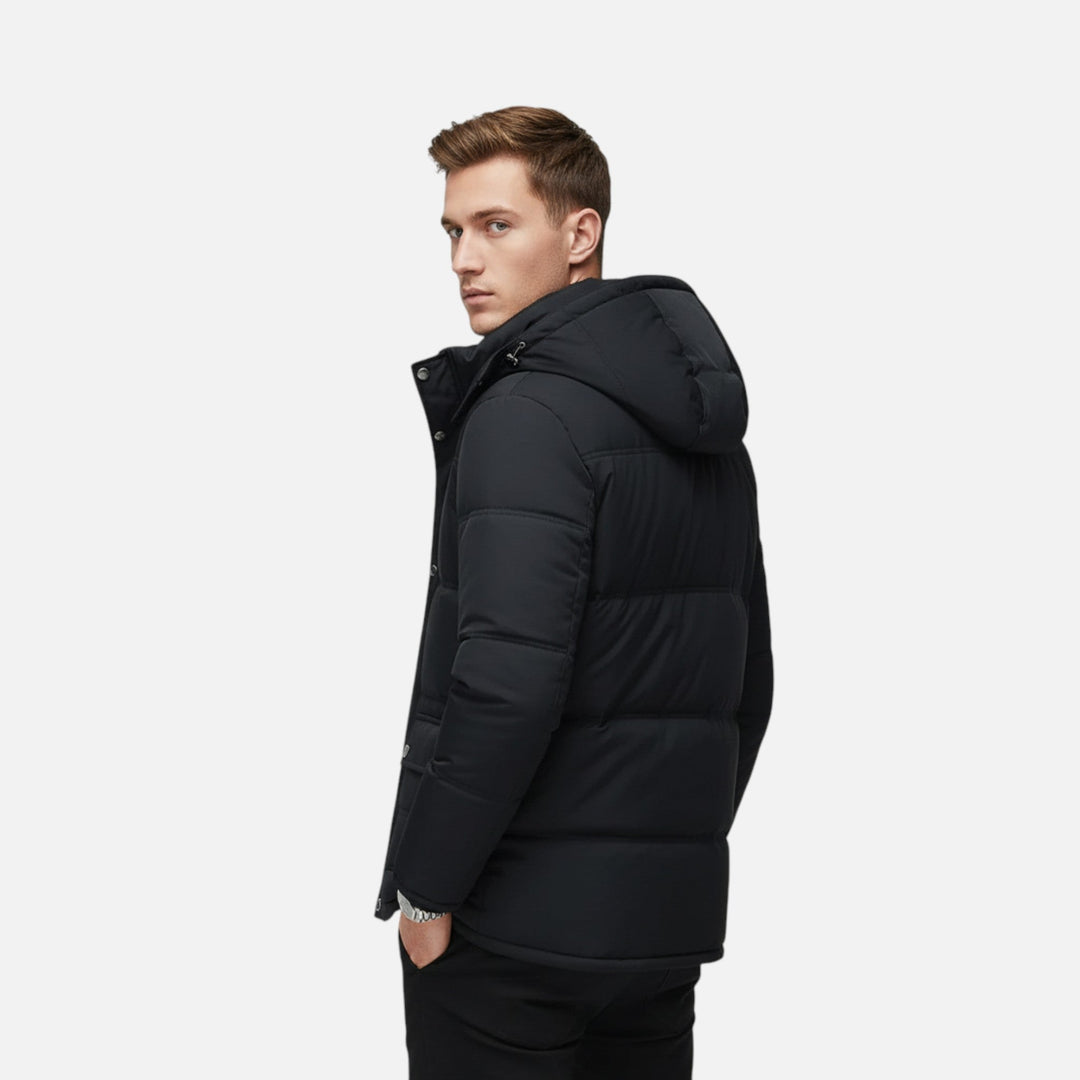 Stylish men's casual jacket featuring a durable outer shell and cozy insulated interior with fur trim.