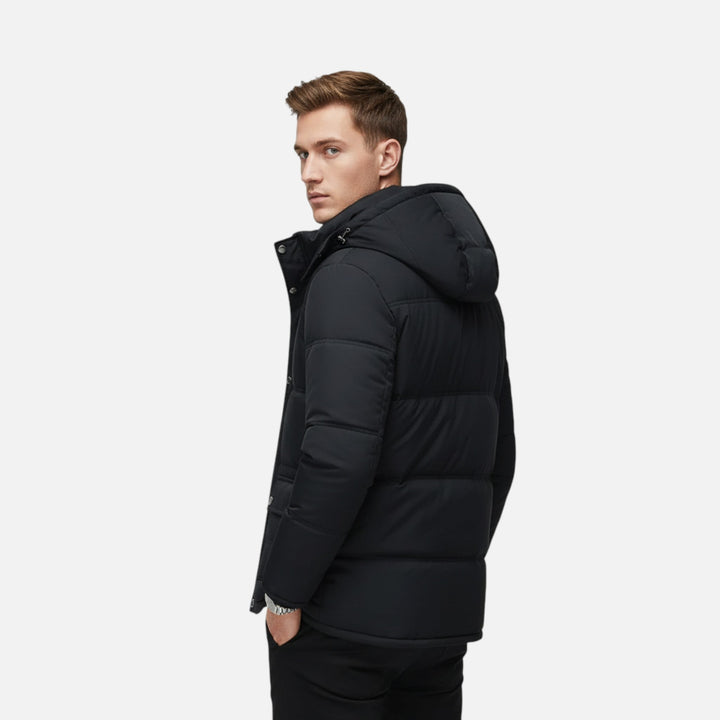Stylish men's casual jacket featuring a durable outer shell and cozy insulated interior with fur trim.