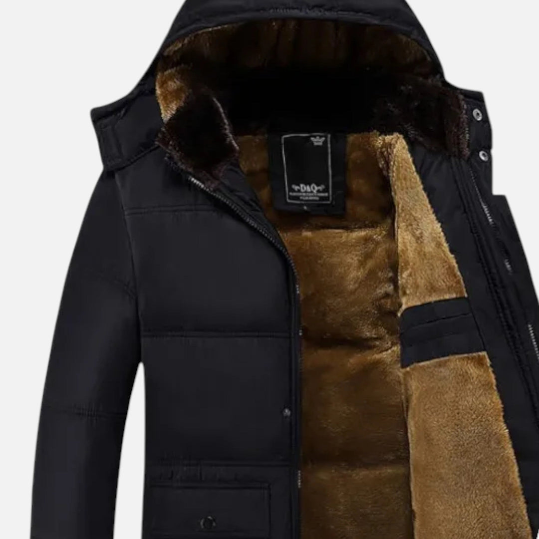 Full view of a men's winter outerwear piece: a hooded, fur-lined, and insulated jacket for cold weather.