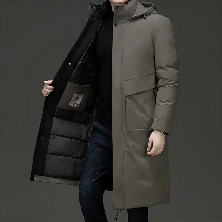 Men's hooded long winter coat. Stylish padded design for warmth in cold weather outerwear.