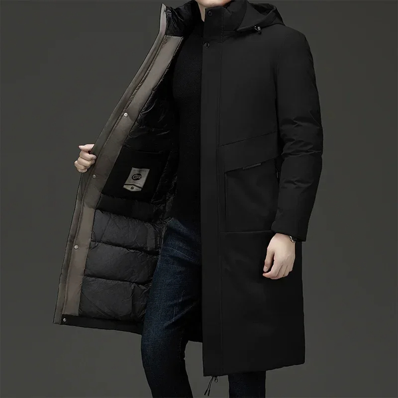 Fashionable men's long hooded coat. Padded winter jacket, ideal for cold weather and stylish outerwear.
