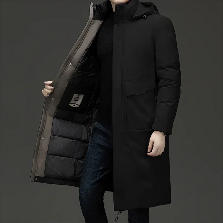 Fashionable men's long hooded coat. Padded winter jacket, ideal for cold weather and stylish outerwear.