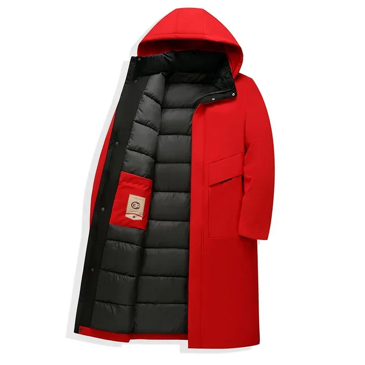Men's cold weather long coat. Hooded, padded, and stylish for ultimate winter warmth and fashion.