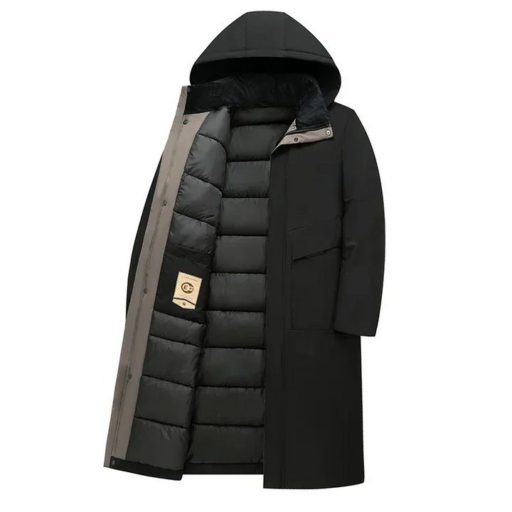 Stylish men's hooded long coat, a warm padded winter jacket perfect for cold weather outerwear.