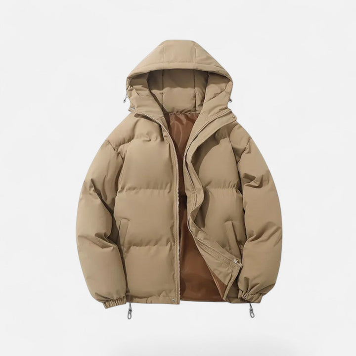 Men's insulated hooded padded jacket, excellent for staying warm during winter and cold weather activities.