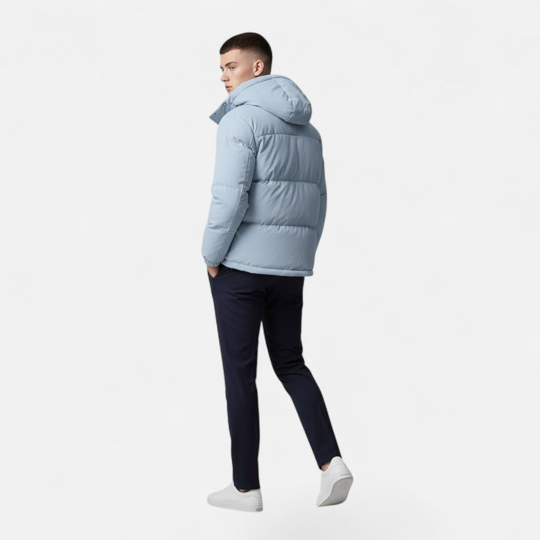 Full-length view of men's versatile hooded padded jacket, a top choice for winter warmth and men's fashion.