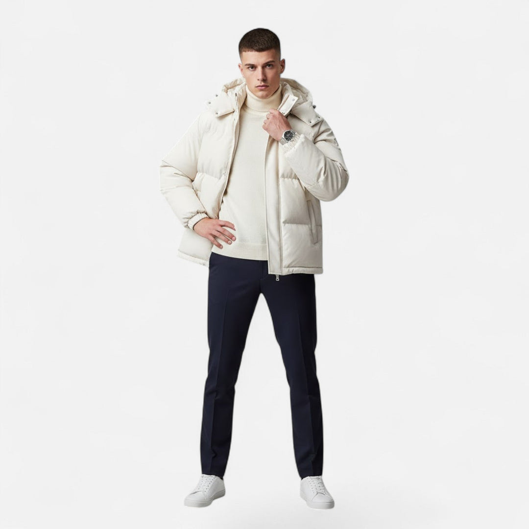Warm men's padded jacket with a hood, perfect for casual winter fashion and cold weather protection.