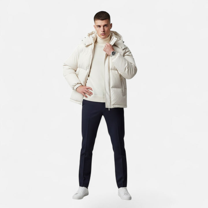 Warm men's padded jacket with a hood, perfect for casual winter fashion and cold weather protection.