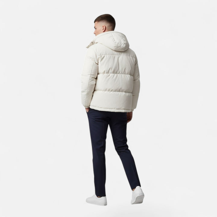Stylish men's hooded padded jacket, a versatile outerwear choice for men's winter fashion and comfort.