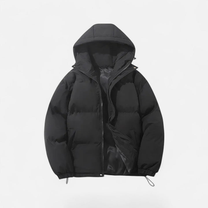 Essential men's zip-up padded jacket with hood, providing warmth and style for winter outerwear.