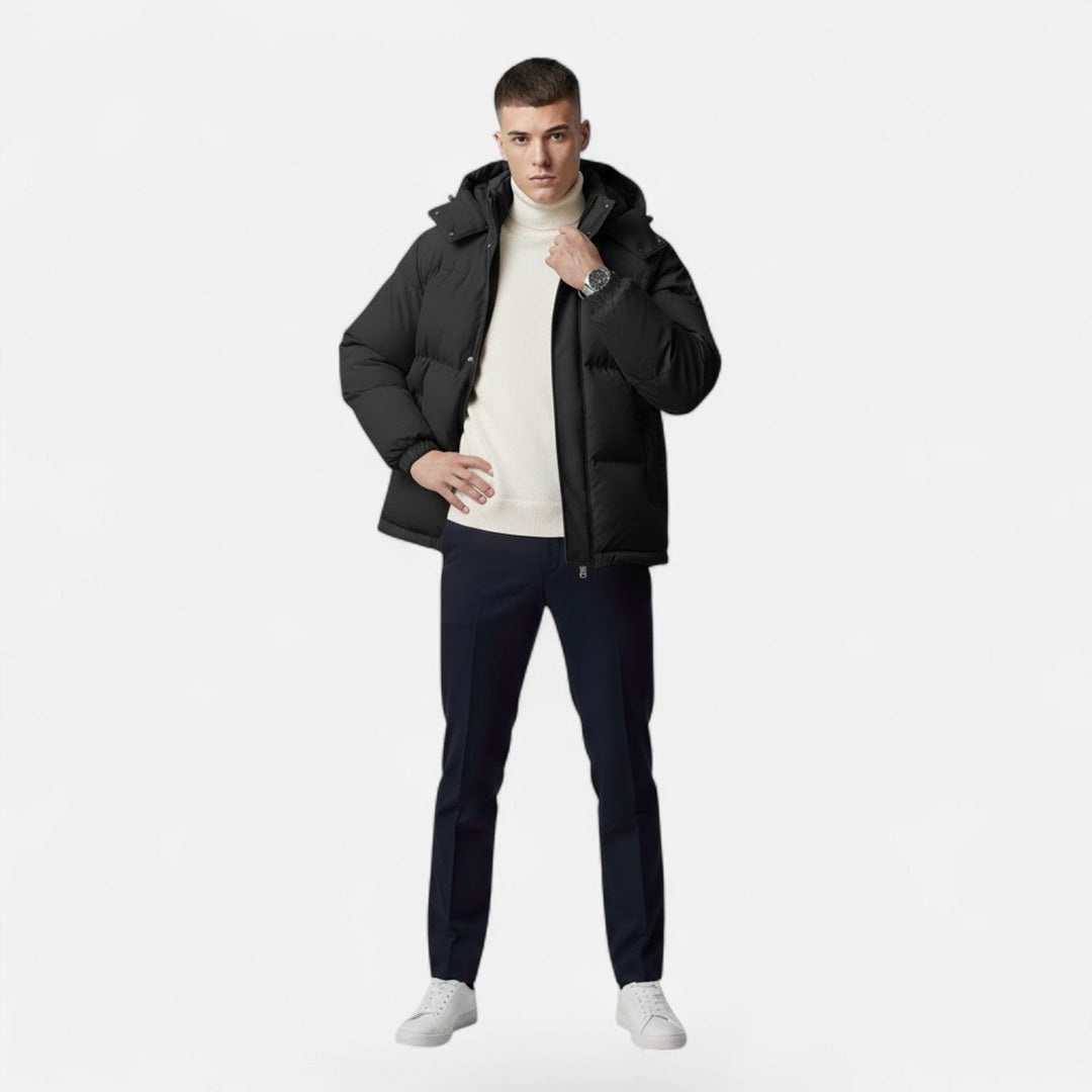 Durable men's hooded padded winter jacket, designed for cold weather adventures and everyday style.