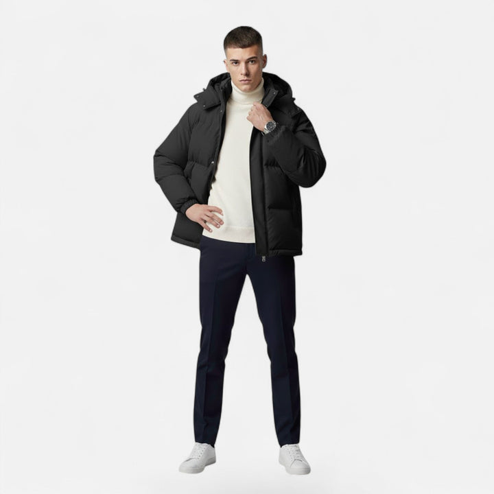 Durable men's hooded padded winter jacket, designed for cold weather adventures and everyday style.