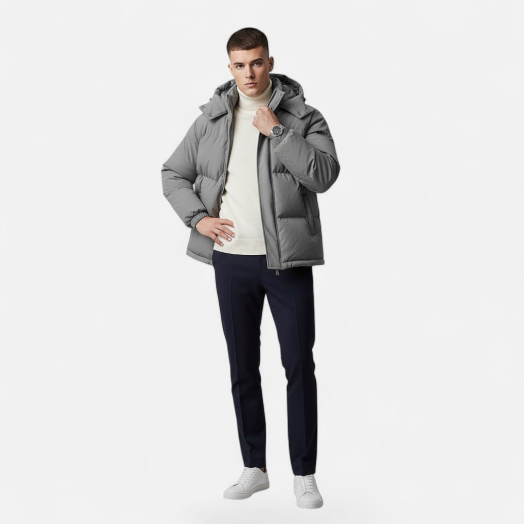 Back view of men's versatile hooded padded jacket, perfect for winter and casual cold weather fashion.