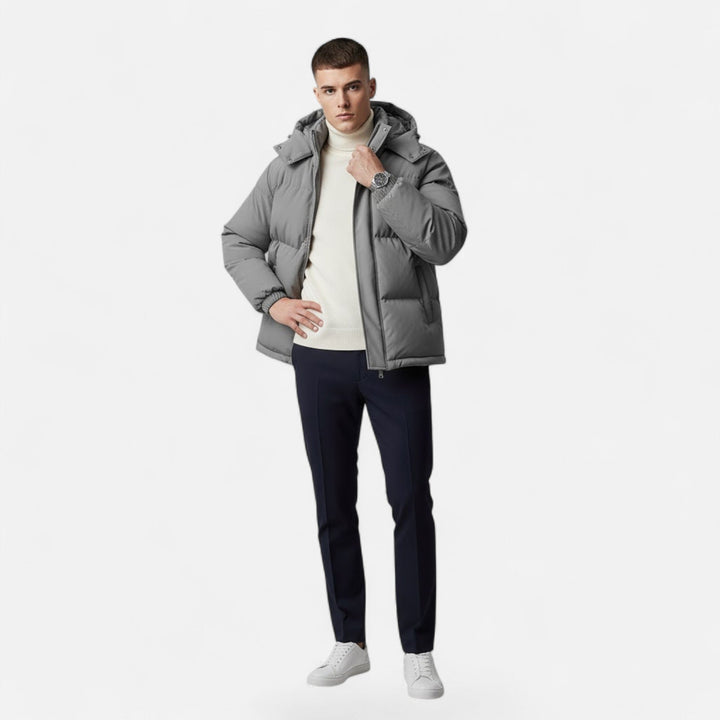 Back view of men's versatile hooded padded jacket, perfect for winter and casual cold weather fashion.