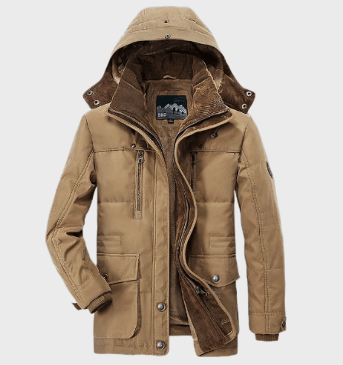 Men's hooded parka jacket for ultimate winter warmth and style. Features multi-pockets & drawstring hood.