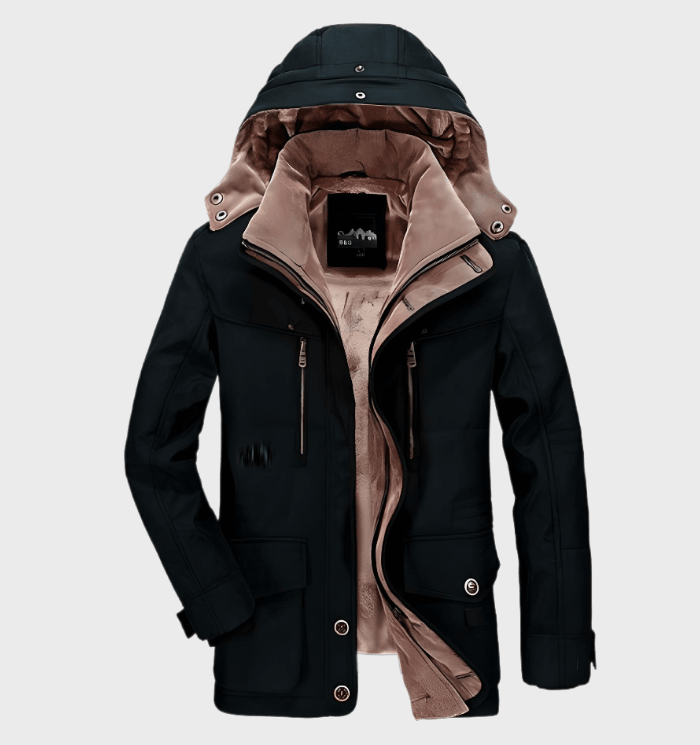 Stylish men's mid-length hooded parka. Ideal winter outerwear with drawstring hood and practical multi-pockets.