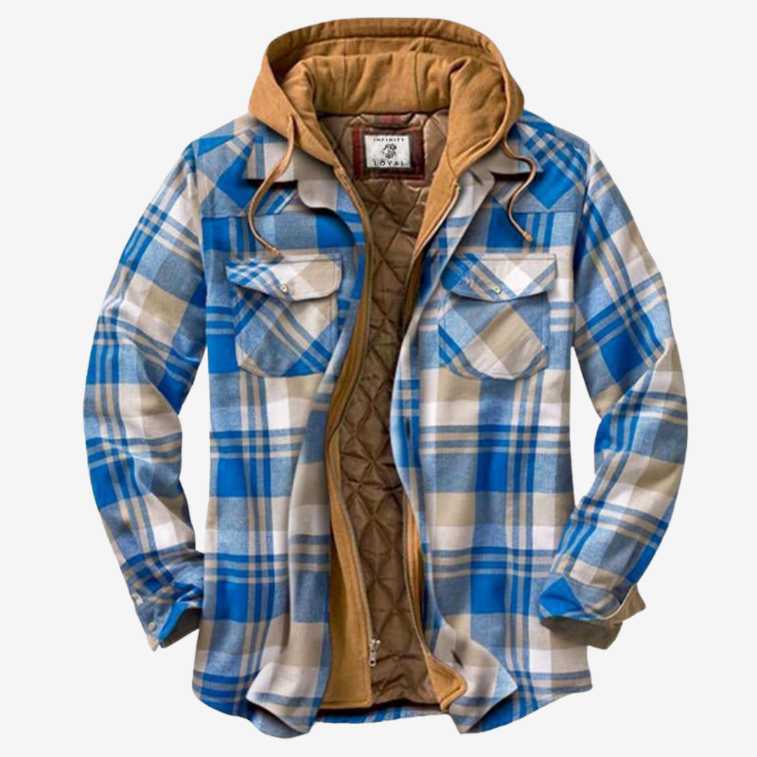 Men's hooded plaid lined bomber jacket with durable construction for fall fashion.