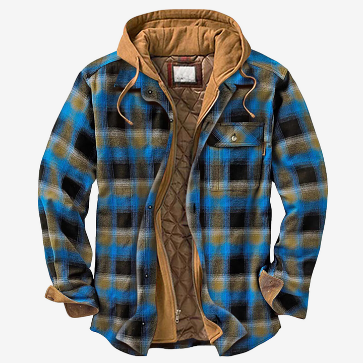 Stylish men's bomber jacket featuring a warm plaid lining and comfortable hood.