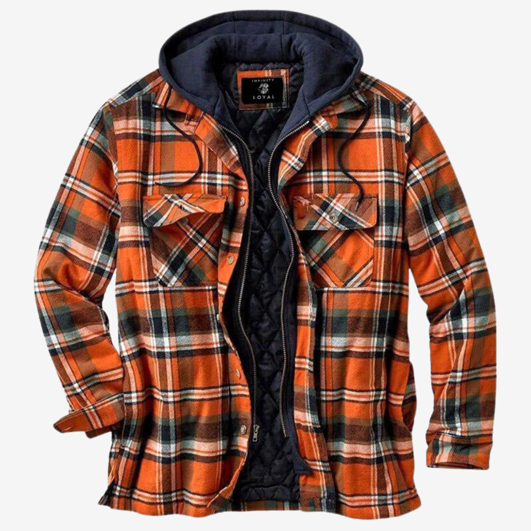 Quilted lining adds warmth to this men's hooded plaid bomber jacket.