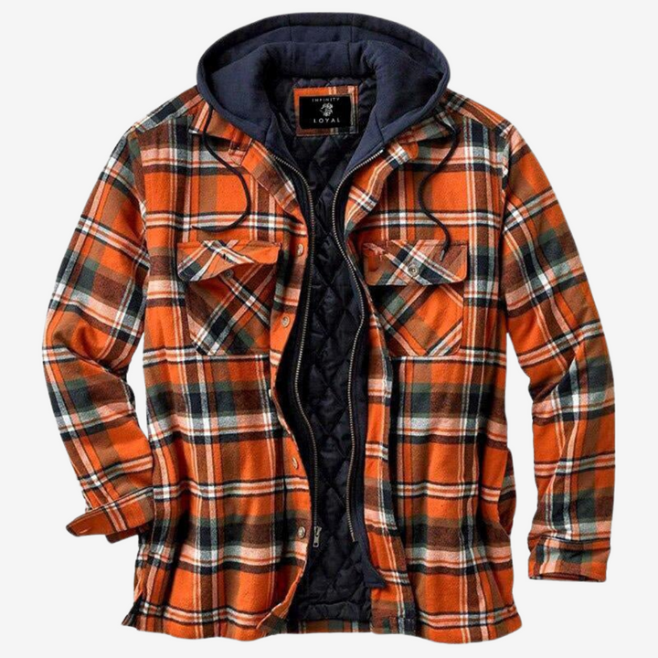 Quilted lining adds warmth to this men's hooded plaid bomber jacket.