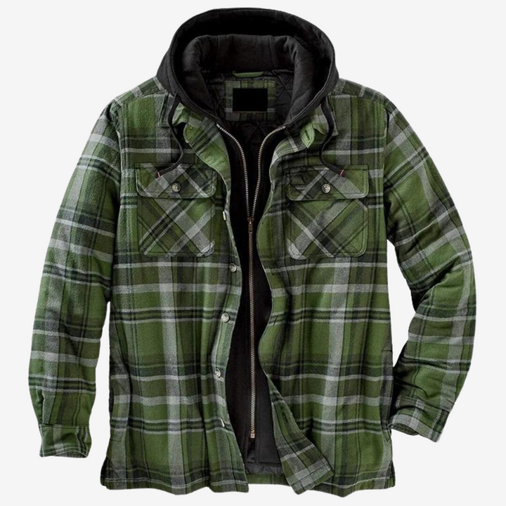 Stay warm this season with a fashionable men's plaid lined hooded jacket.