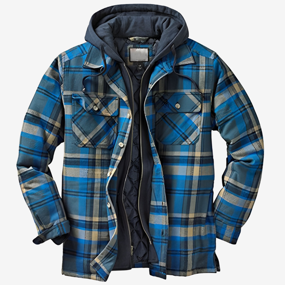Versatile men's casual jacket, a hooded bomber with classic plaid detail.