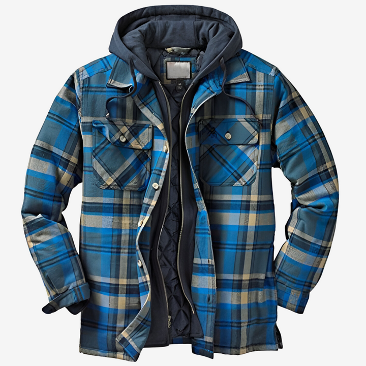 Versatile men's casual jacket, a hooded bomber with classic plaid detail.