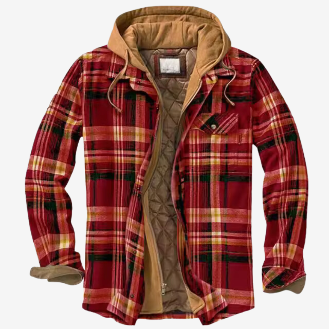 Essential men's fall fashion: a cozy hooded plaid lined bomber jacket.