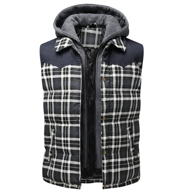 Men's hooded plaid puffer vest for warm winter layering. Essential stylish outerwear.