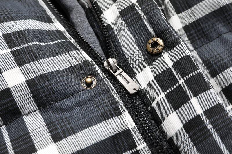 Men's stylish plaid puffer vest. Hooded, warm, and perfect for winter layering. Sleeveless design.