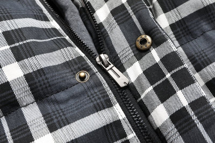 Men's stylish plaid puffer vest. Hooded, warm, and perfect for winter layering. Sleeveless design.