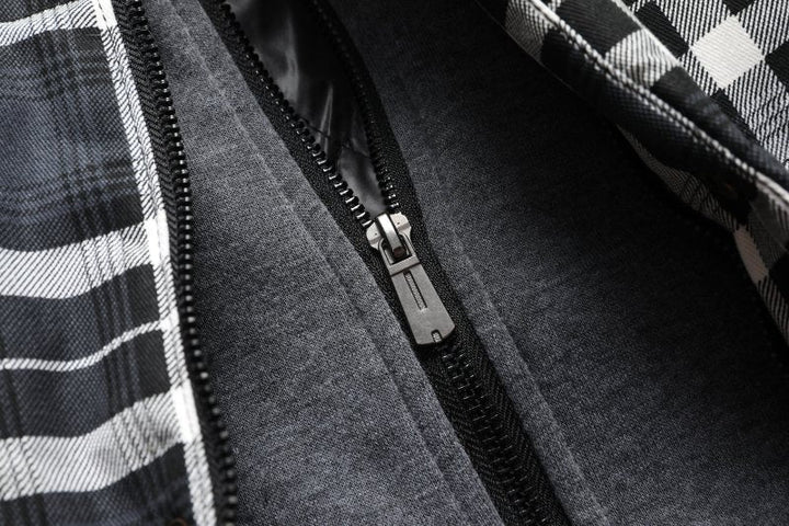 Sleeveless men's hooded plaid puffer vest, a warm and fashionable men's winter outer layer.
