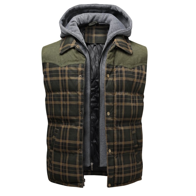 Relaxed fit men's hooded plaid puffer vest, great for casual winter outings. Stylish & warm.