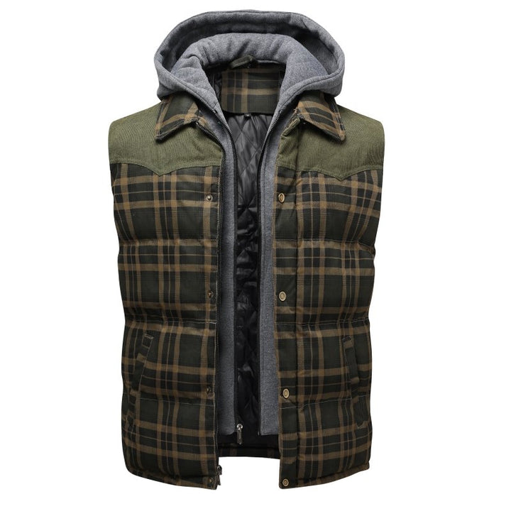 Relaxed fit men's hooded plaid puffer vest, great for casual winter outings. Stylish & warm.