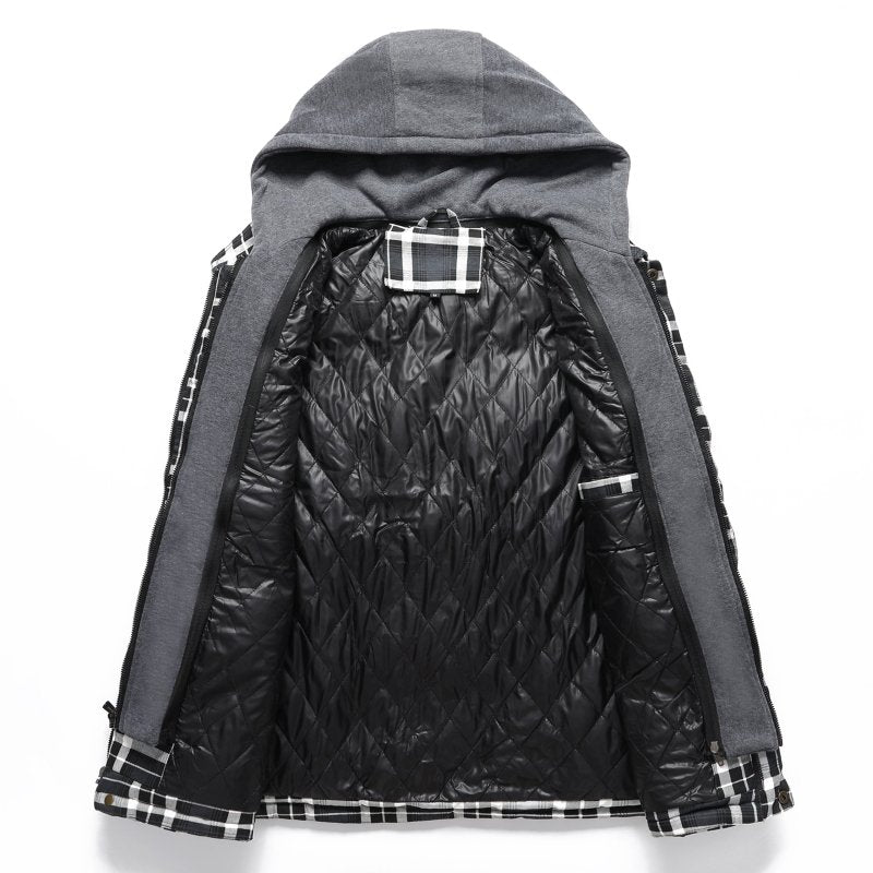 Durable men's hooded plaid puffer vest, offering warmth and style for winter outerwear.