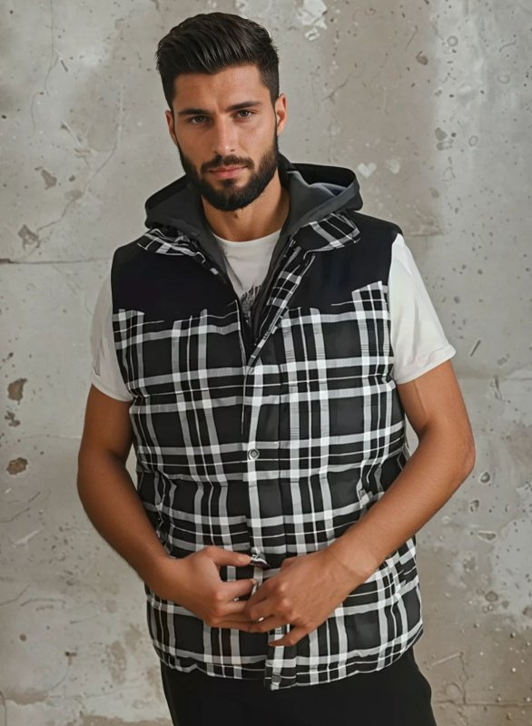 Stylish men's plaid puffer vest with hood. Perfect for casual winter fashion & warmth.