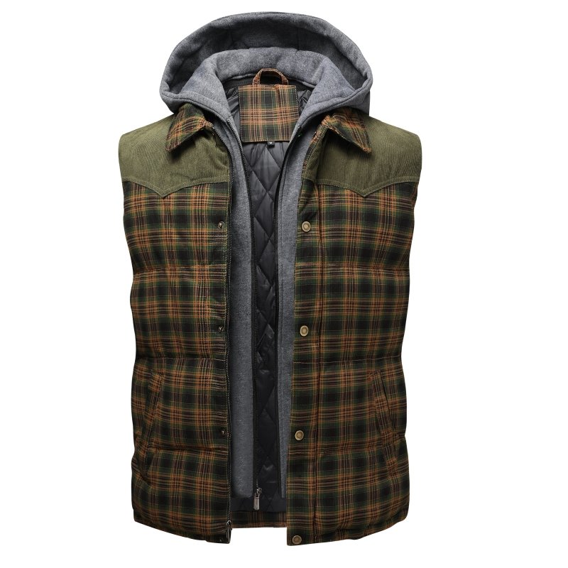 Warm men's hooded puffer vest, a stylish plaid outerwear layer for men's winter fashion.