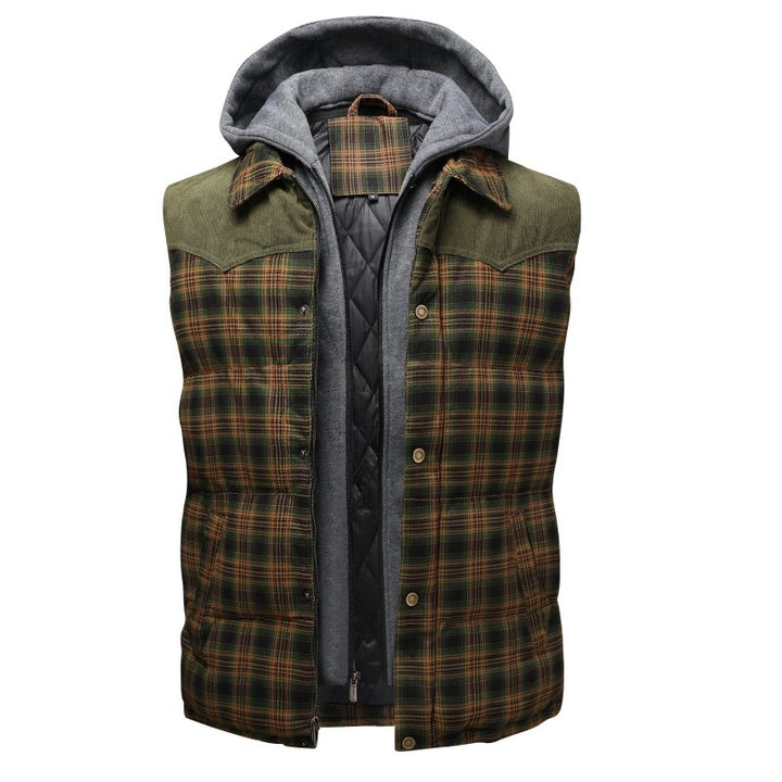 Warm men's hooded puffer vest, a stylish plaid outerwear layer for men's winter fashion.